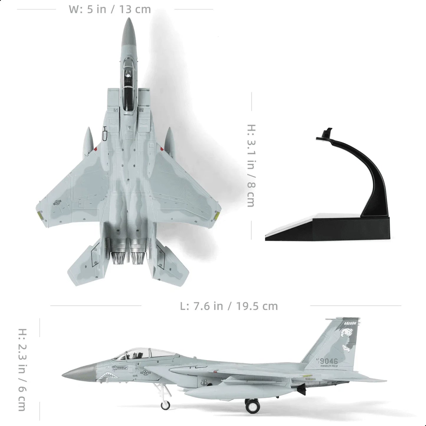 Model jet with dimensions and a stand on a white background, featuring the nuotie brand.