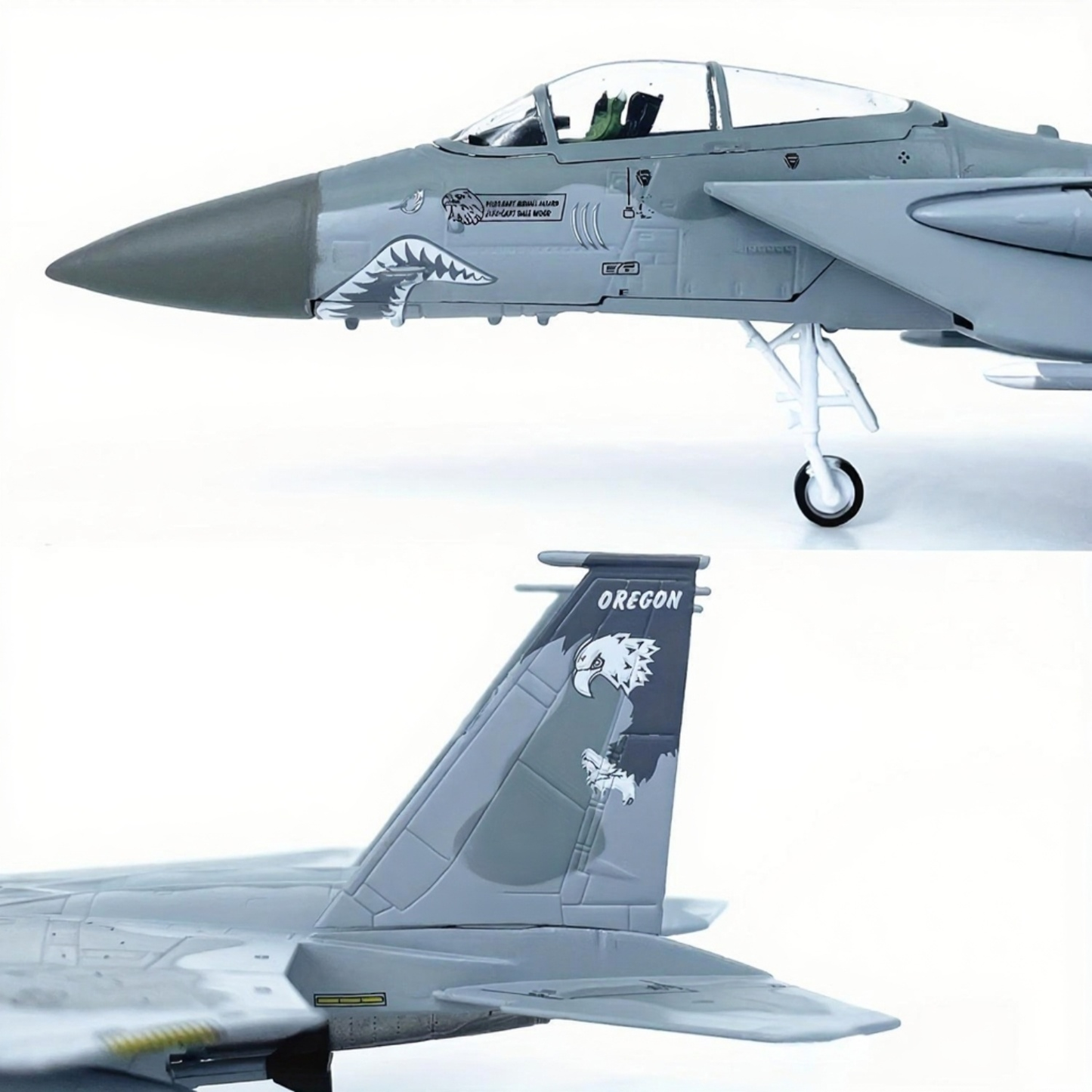 Detailed F-15C fighter model with shark teeth nose art and Oregon tail design