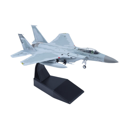 Detailed F-15C fighter model on display with realistic paint scheme and sturdy stand