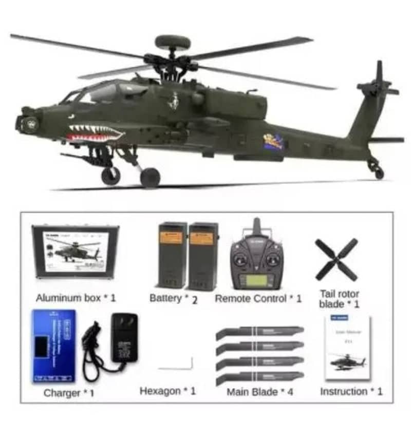F11 AH-64D rc helicopter in green with remote control and accessories