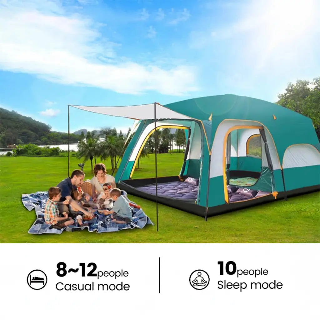 Military-Outdoors family tent for 8 to 12 people with casual and sleep modes