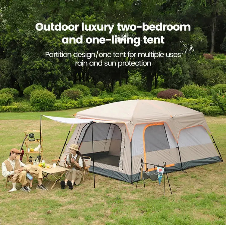 Military-Outdoors family tent in beige with two bedrooms and sun protection features