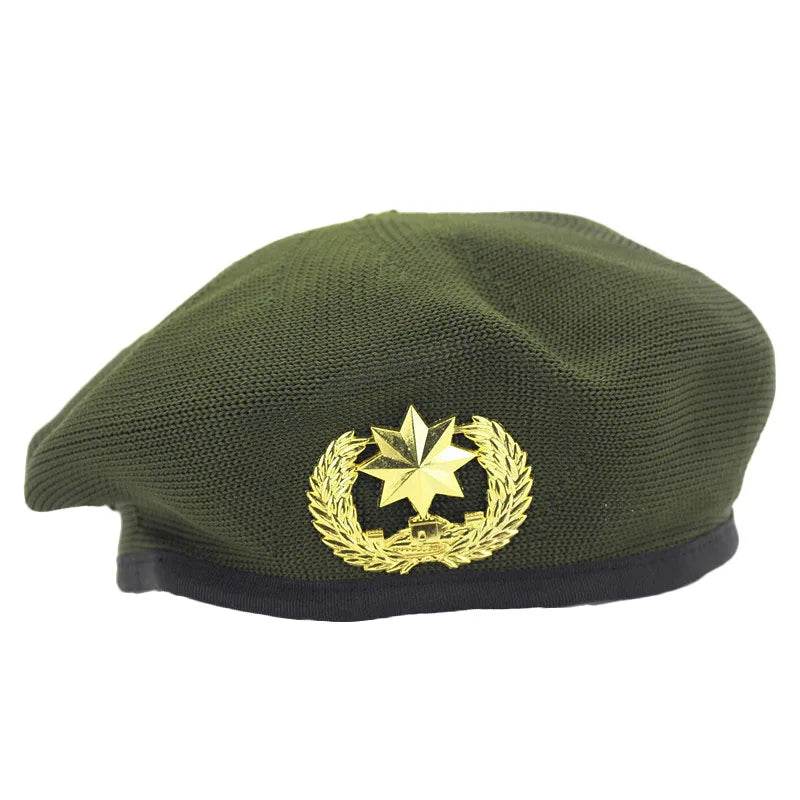 Green military beret with gold emblem, stylish fashion military hats for outdoor wear