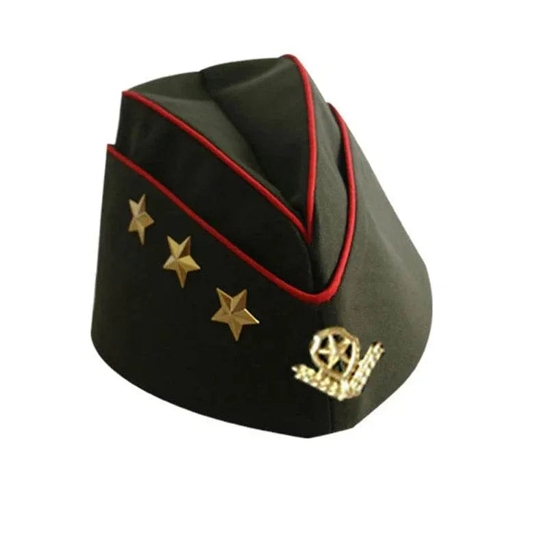 Classic military style cap in black with gold star accents, perfect for fashion military hats enthusiasts