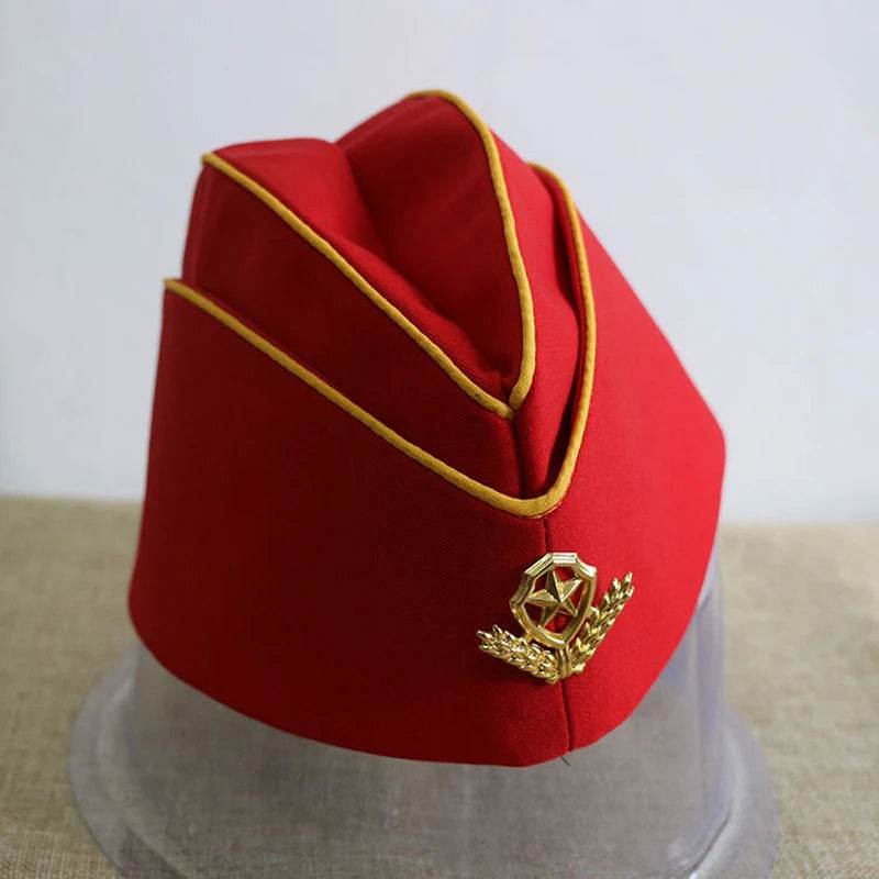 Red Military Hat with Gold Trim, Ideal for Fashion Military Hats