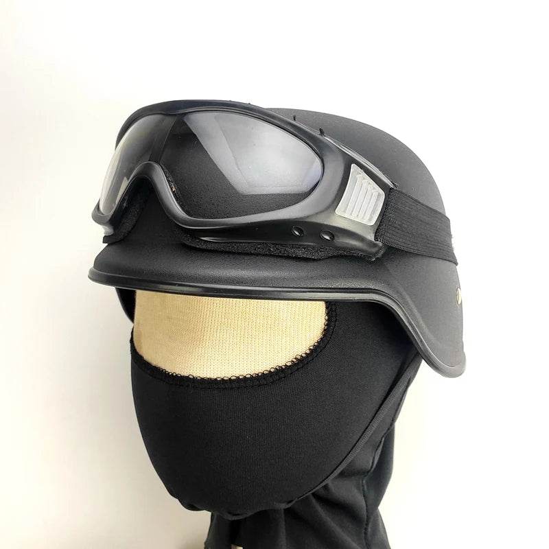 Black FBI agent costume complete with tactical helmet and goggles for realistic role play