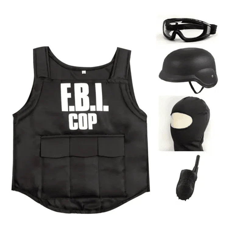 FBI agent costume in black with tactical vest, helmet, goggles, and mask for role play