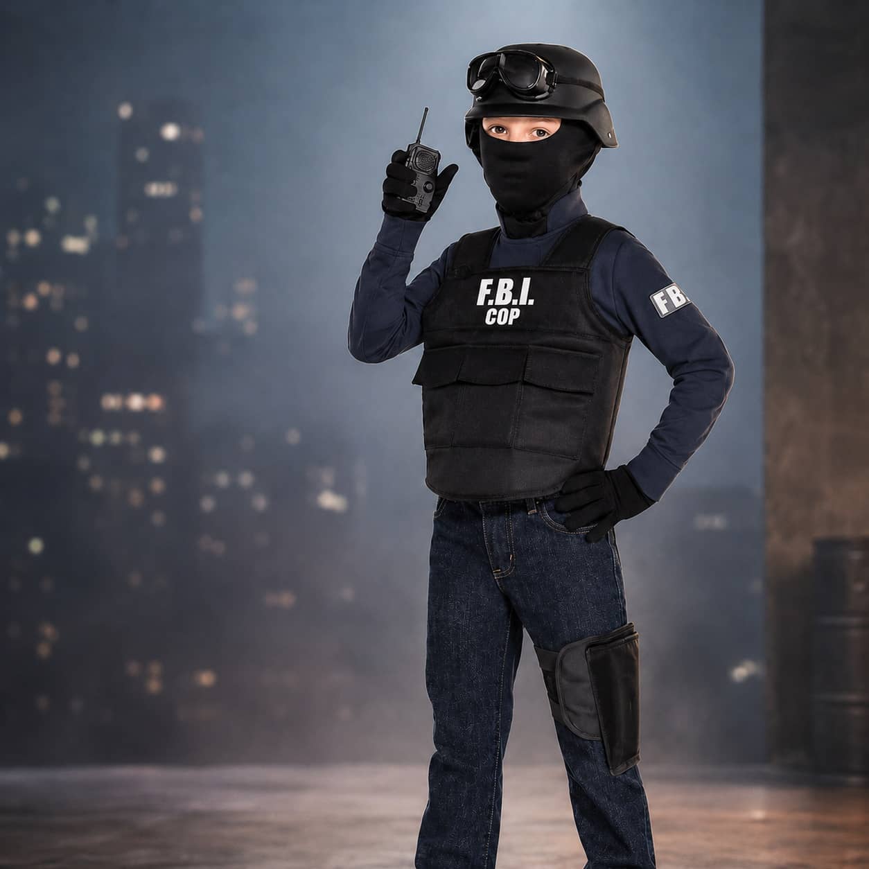 FBI agent costume in black for kids with tactical vest and accessories
