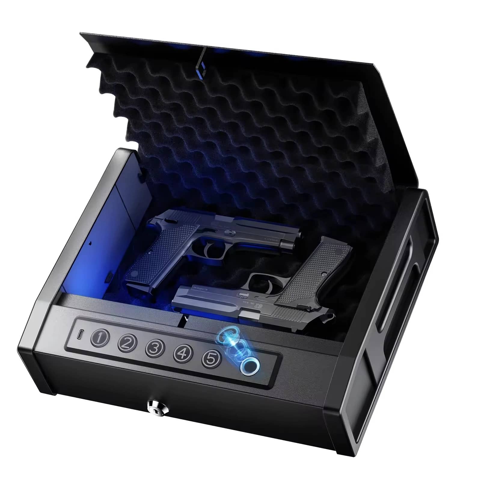 Fingerprint pistol safe with interior lighting and foam cushioning for secure storage