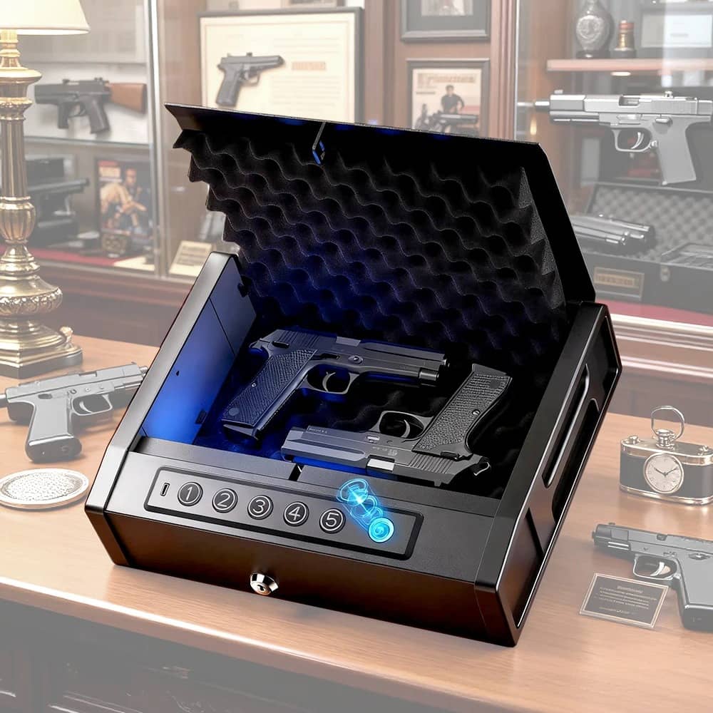 Fingerprint pistol safe with two handguns and interior lighting for secure storage