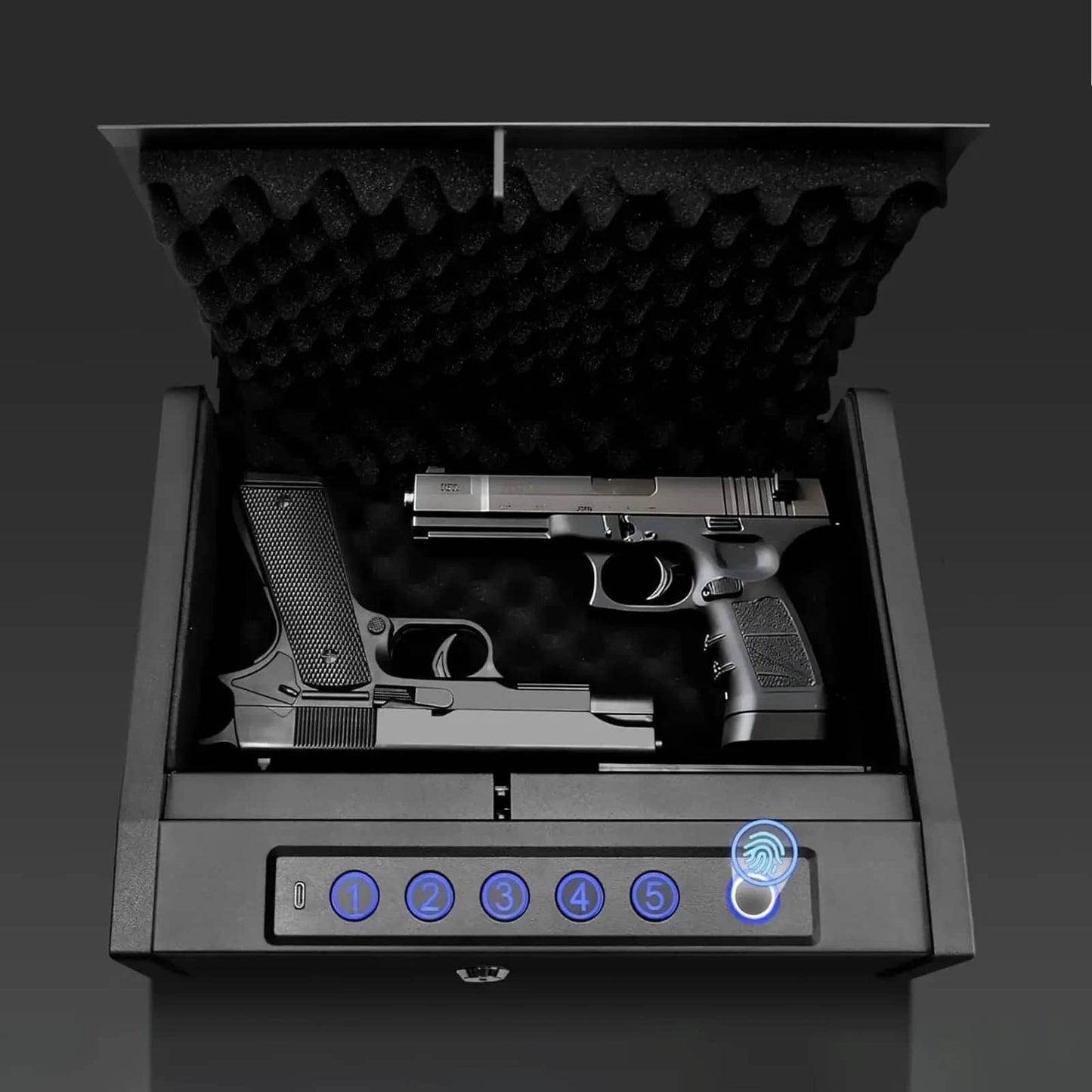 Fingerprint pistol safe in black for secure firearm storage