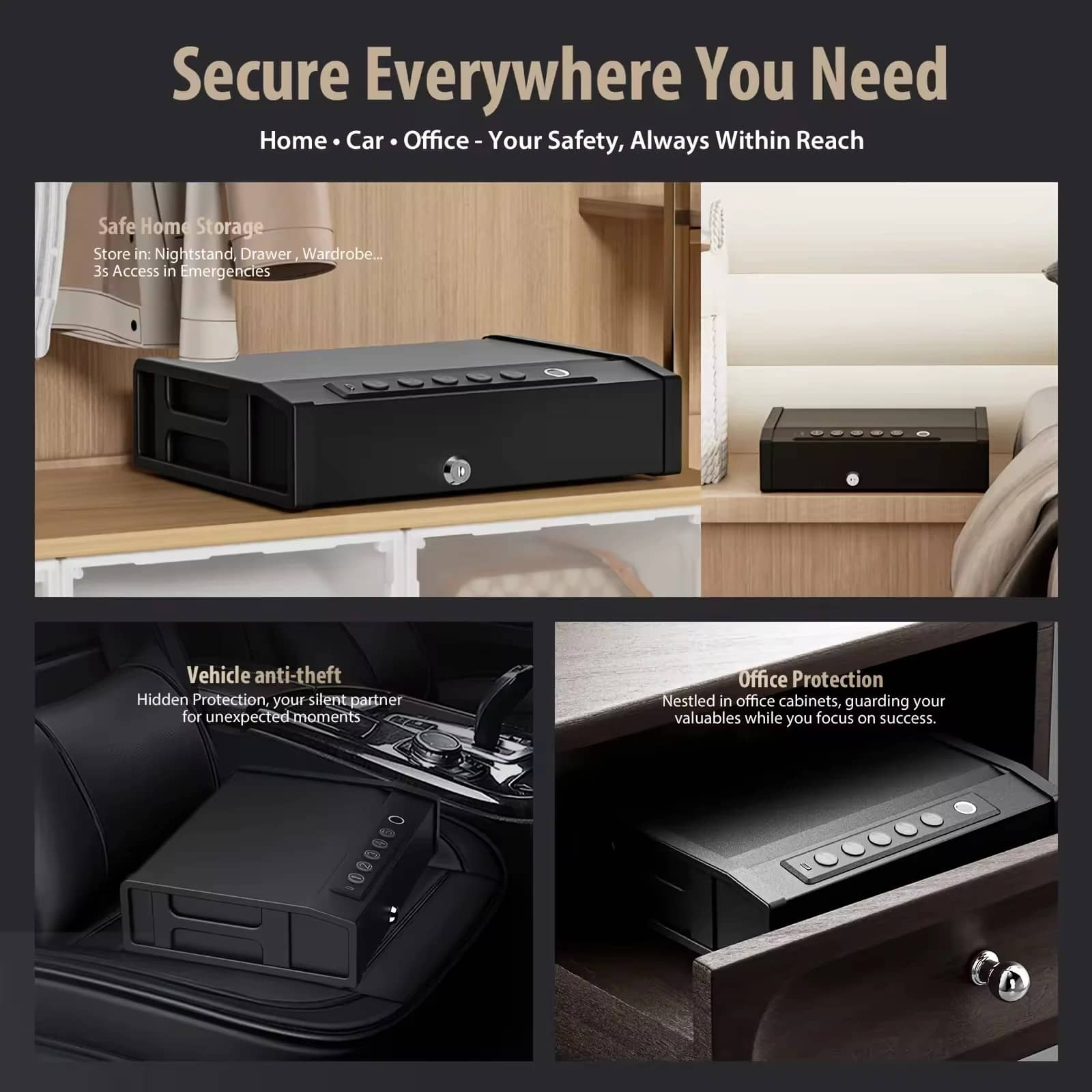 Fingerprint pistol safe with secure storage for home, car, and office use