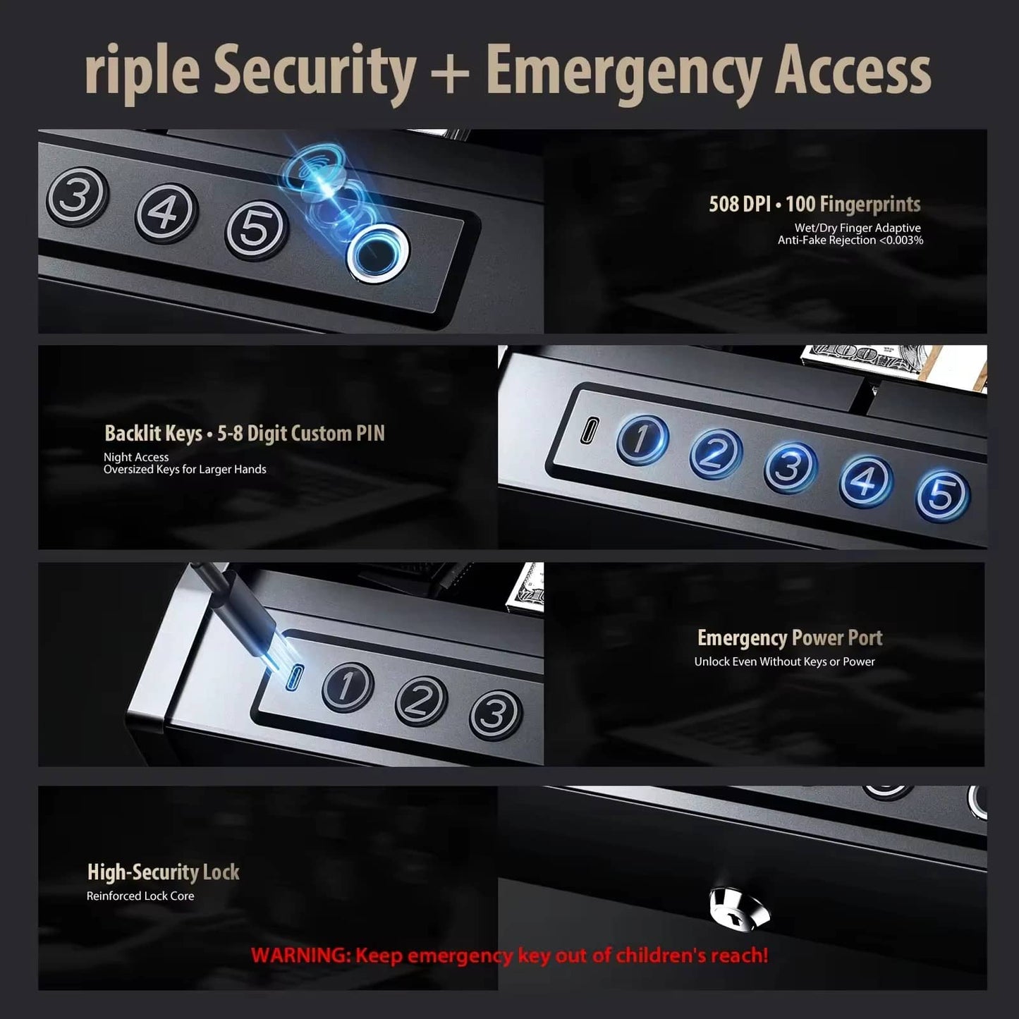 Fingerprint pistol safe with emergency access and backlit keypad features