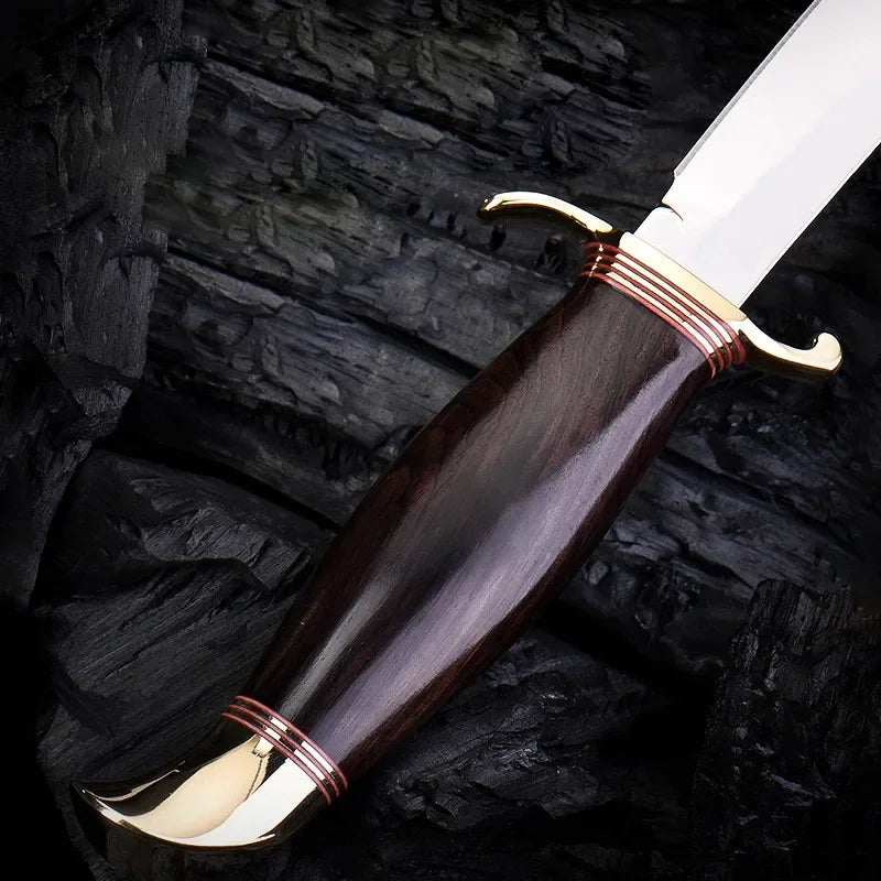 Finka NKVD knife with dark wood handle and gold accents for outdoor use