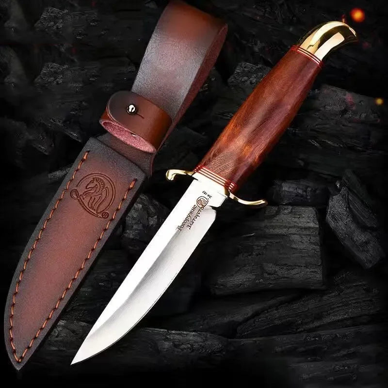 Finka NKVD knife with wooden handle and leather sheath for outdoor use