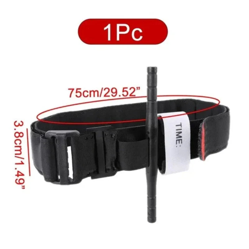 Black first aid tourniquet strap for emergency wound control and bleeding management
