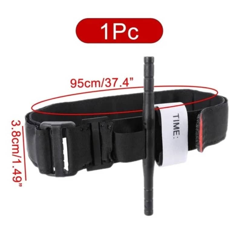 Black first aid tourniquet strap for emergency trauma care, adjustable and durable
