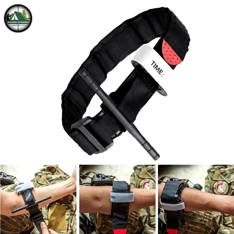 Black first aid tourniquet strap with time indicator for emergency bleeding control