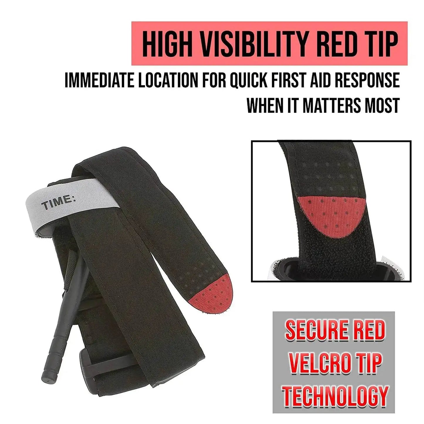 High visibility first aid tourniquet strap with secure red Velcro tip technology