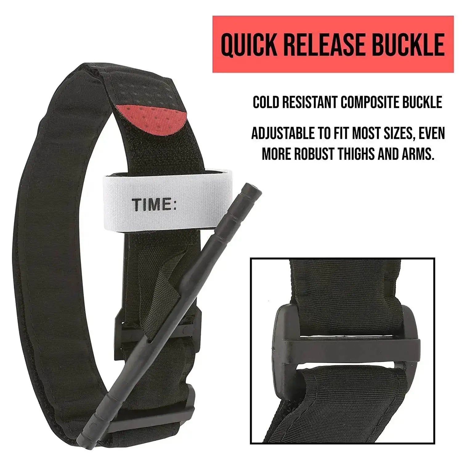 Black first aid tourniquet strap with quick release buckle for emergency use