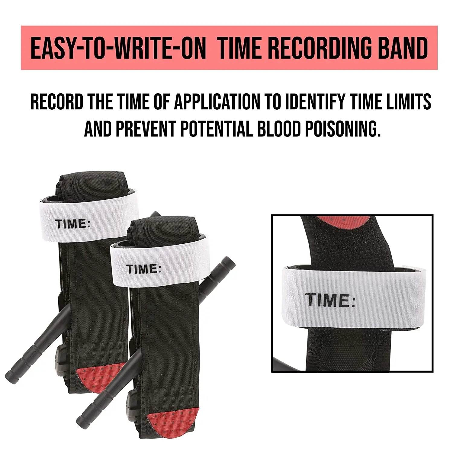 First Aid Tourniquet strap with Easy-to-Write-On Time Recording Bands for Accurate Usage