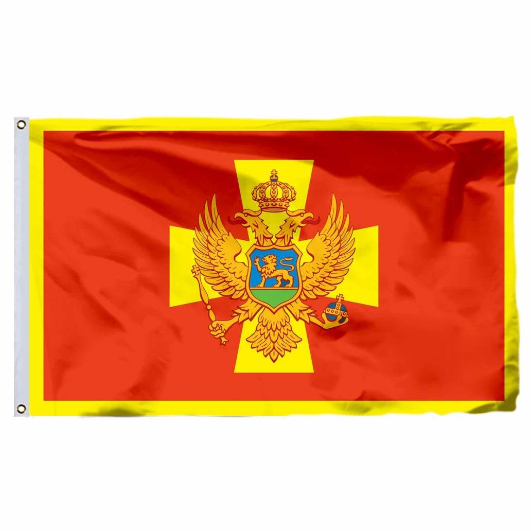 Montenegro and Serbia flags in vibrant colors with detailed emblems and gold trim