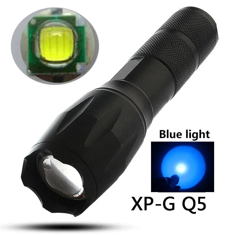 Black XP-G Q5 LED flashlight bundle with bright blue light for outdoor use