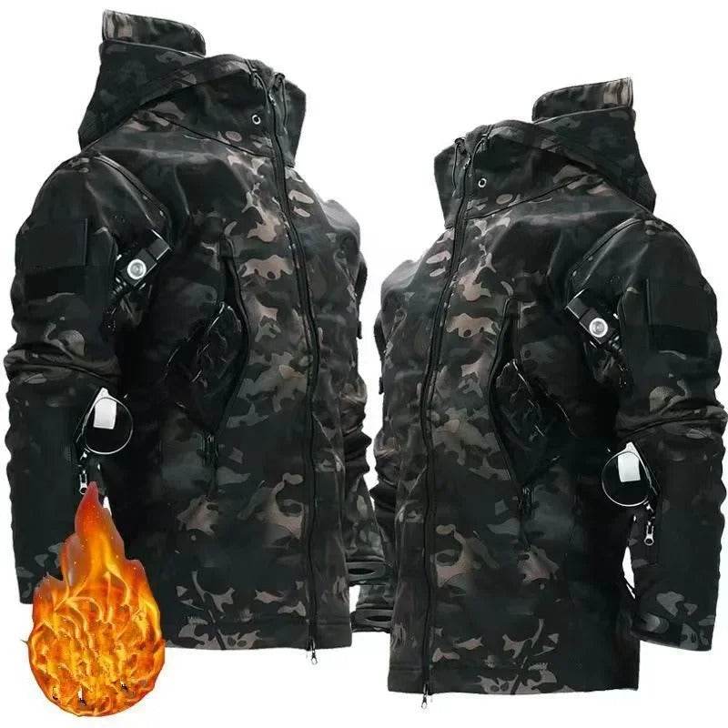 Black camo fleece outdoor jacket with versatile storage pockets