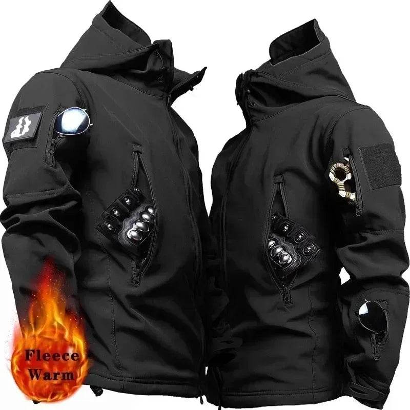 Black fleece outdoor jacket with multiple pockets for warmth and utility