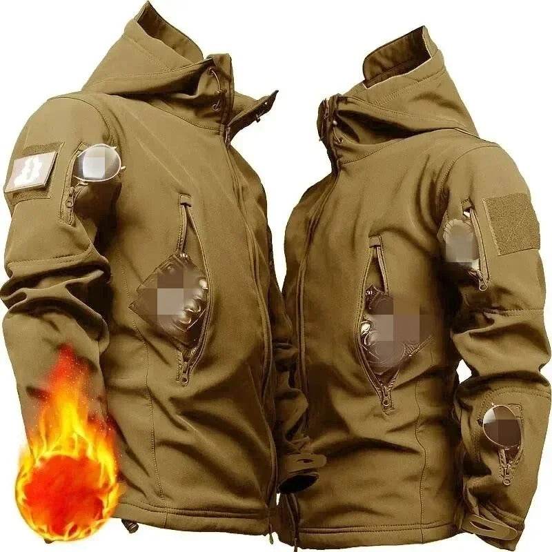Brown fleece outdoor jacket with multiple zippered pockets for versatility