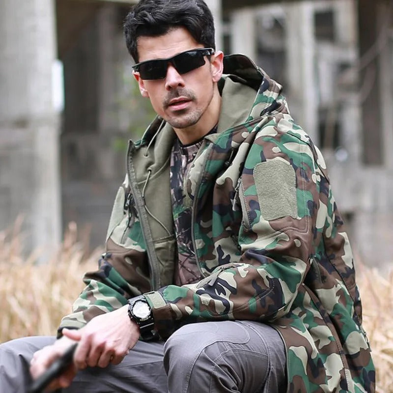 Camouflage fleece outdoor jacket ideal for military-style outdoor activities