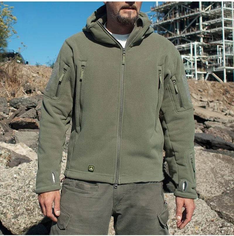 Military green fleece outdoor jacket with multiple zippered pockets for utility