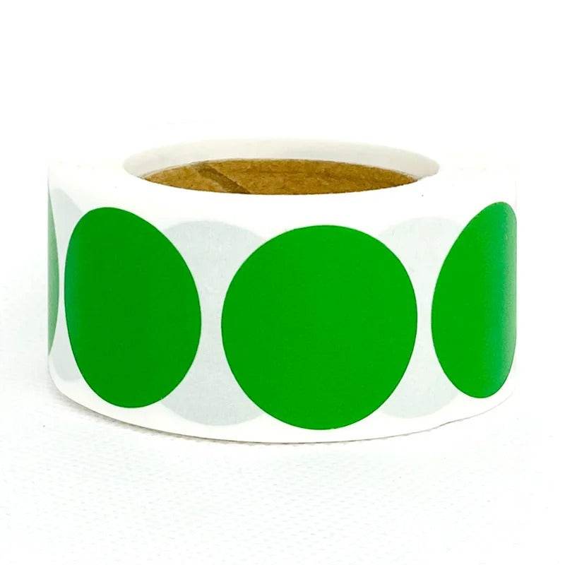Fluorescent round labels 25mm on a roll in bright green for marking or target shooting