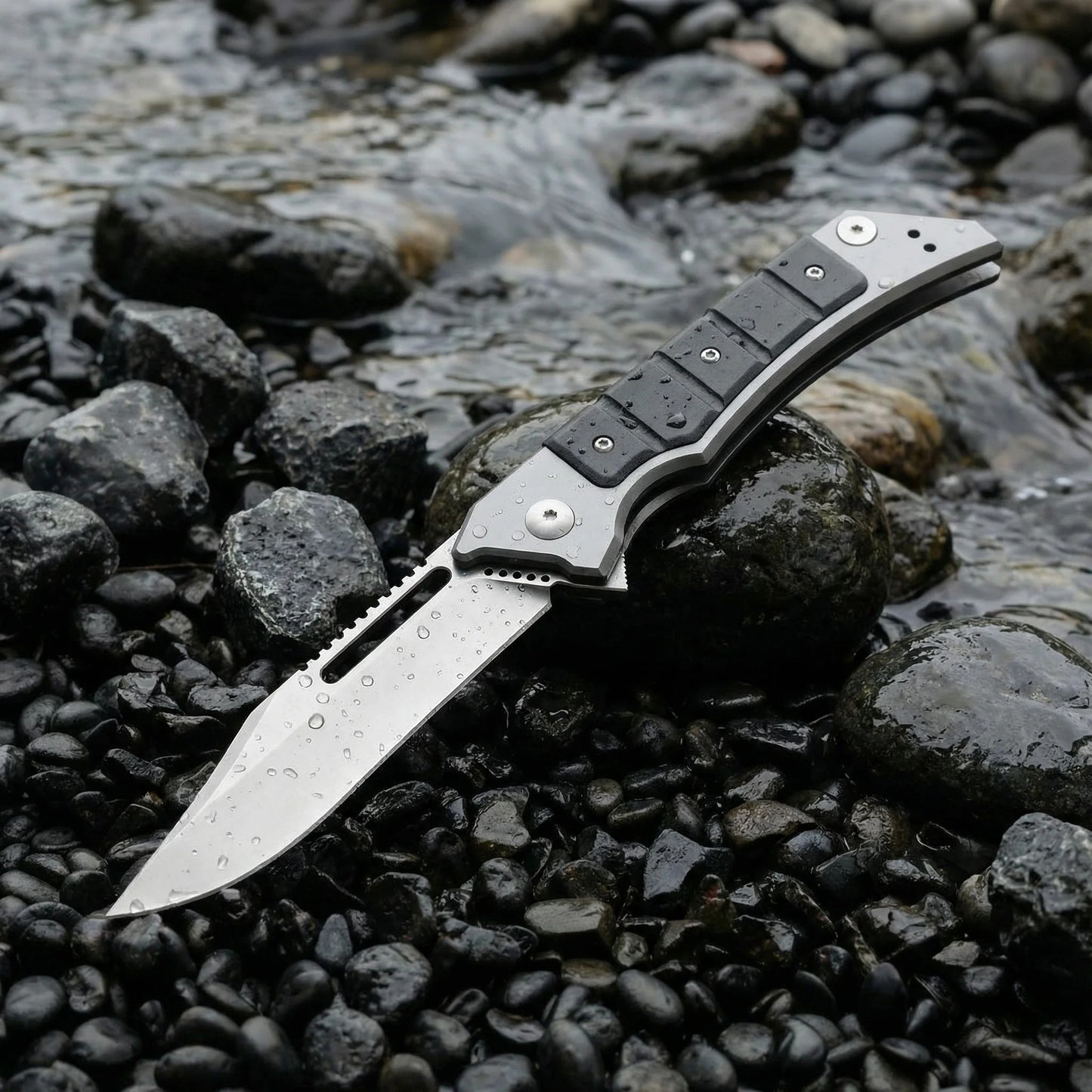 Folding utility knife with metal handle and serrated edge for versatile cutting tasks