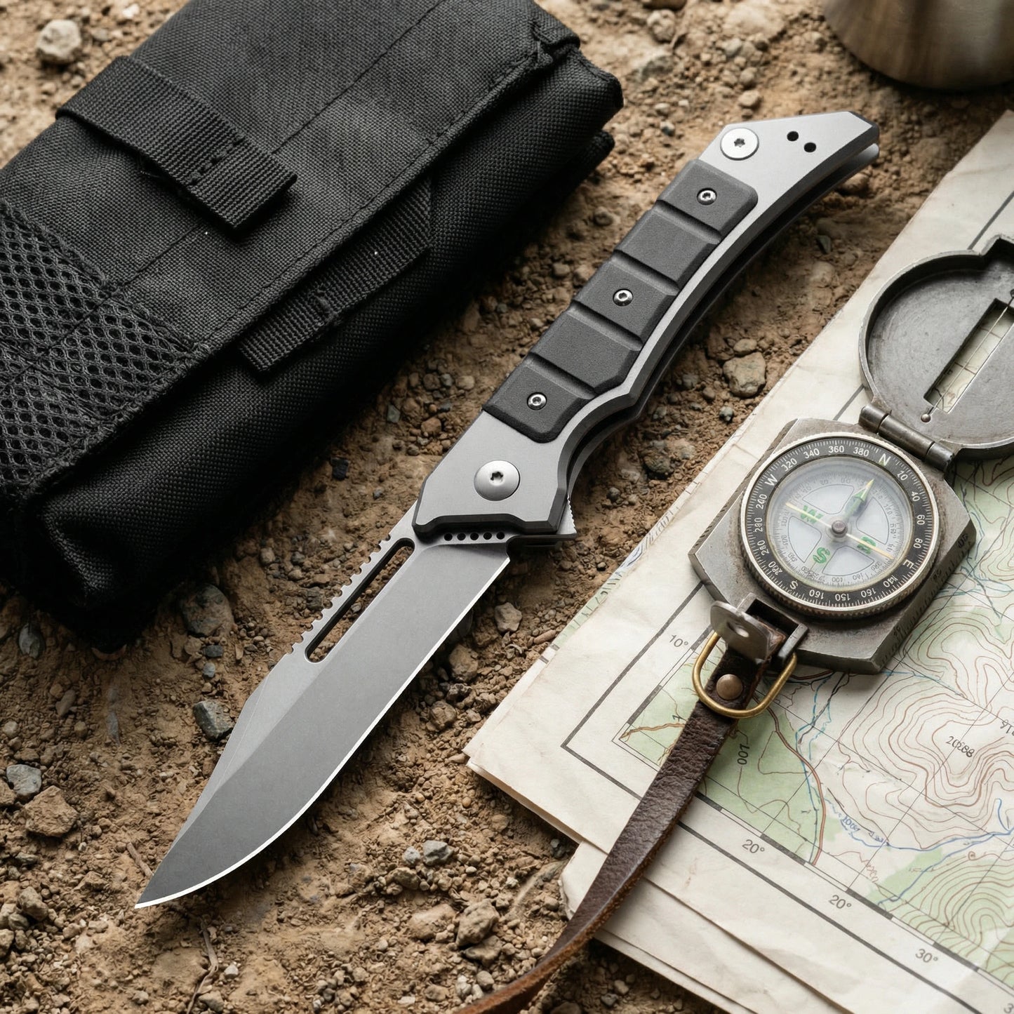 Folding utility knife with black handle, ideal for outdoor use