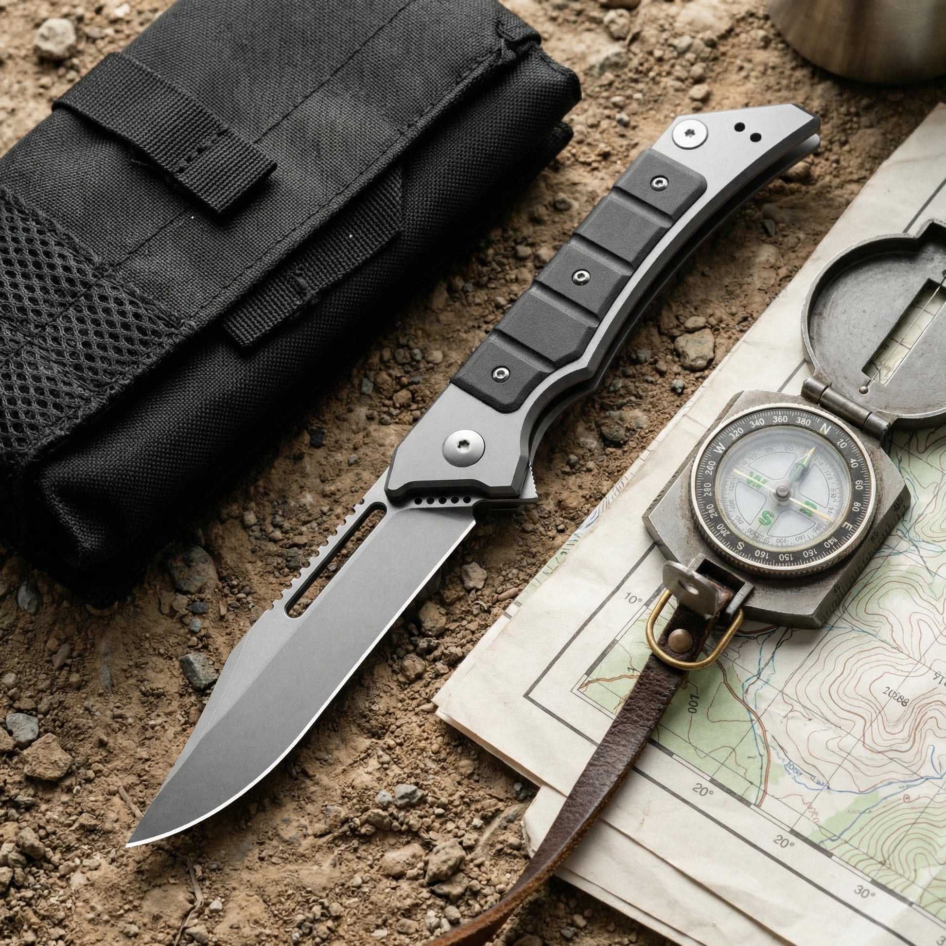 Folding utility knife with black handle, ideal for outdoor use