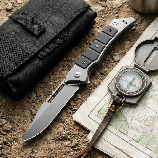 Folding utility knife with black handle, ideal for outdoor use