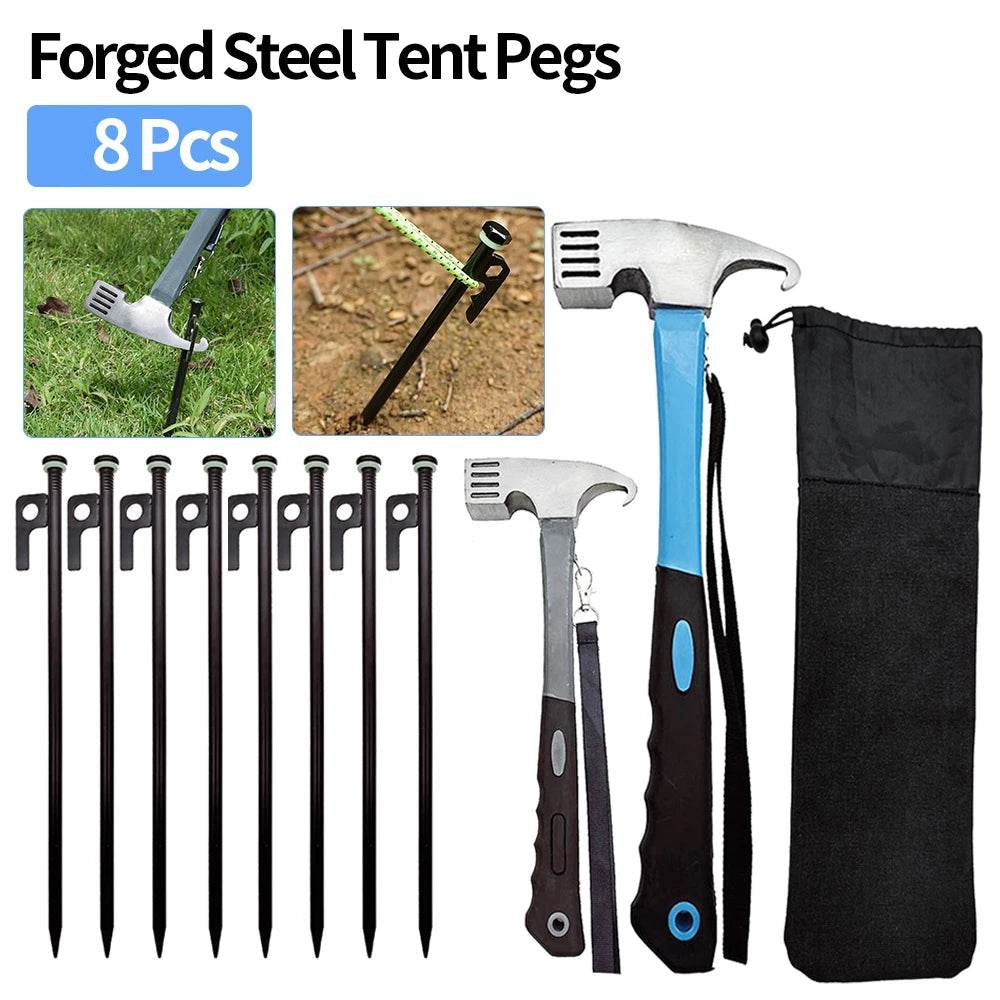 Forged Steel Hammer and Tent Pegs Set for Secure Camping Setup