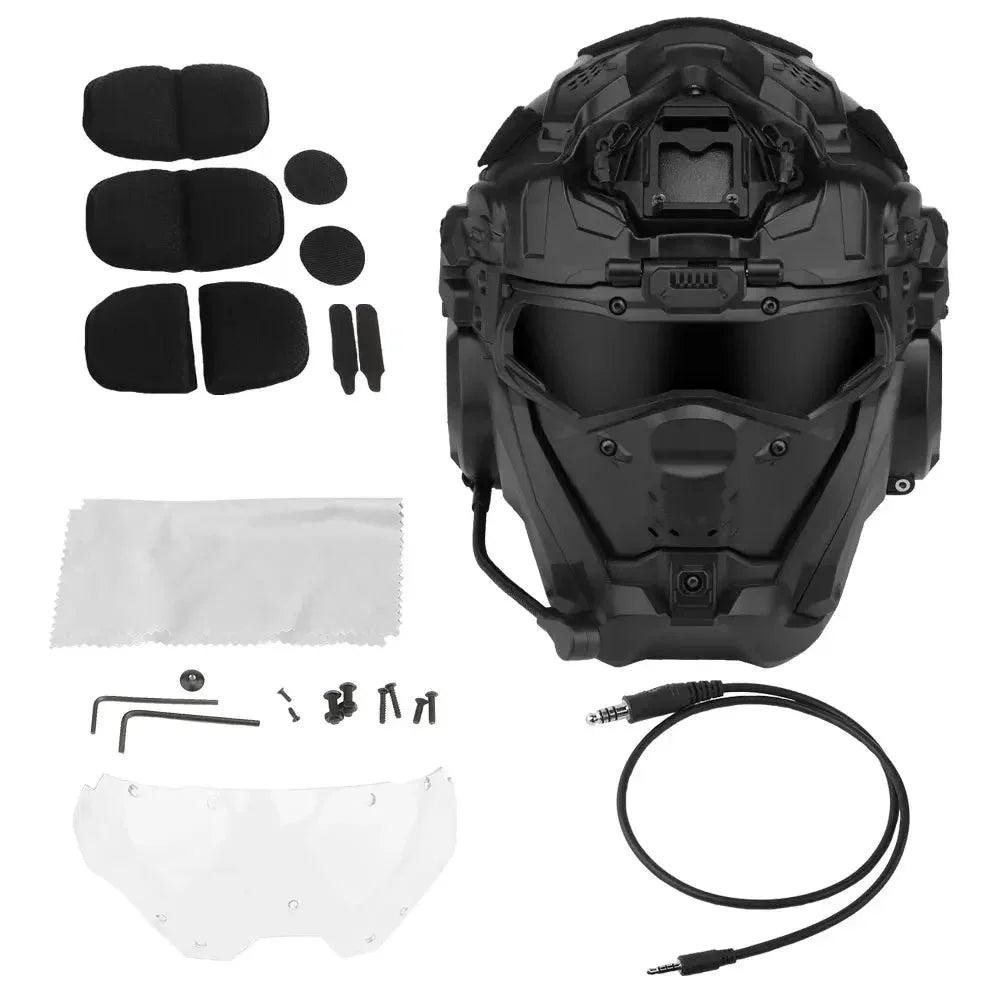 Full face protective helmet with detachable visor and accessories for enhanced safety and comfort
