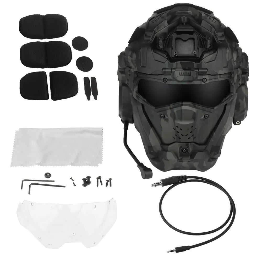 Full face protective helmet with accessories including padding, visor, and communication cable for optimal safety