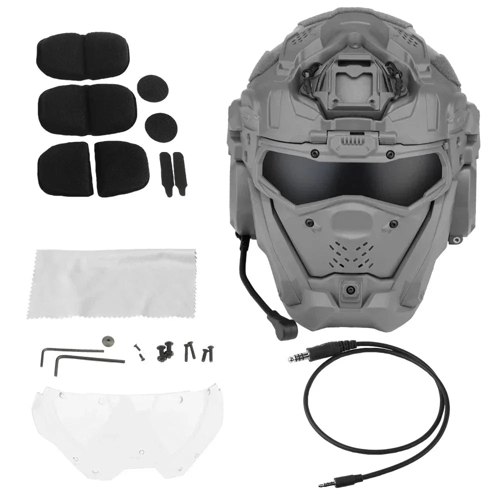 Gray full face protective helmet with accessories for enhanced safety and comfort in outdoor activities