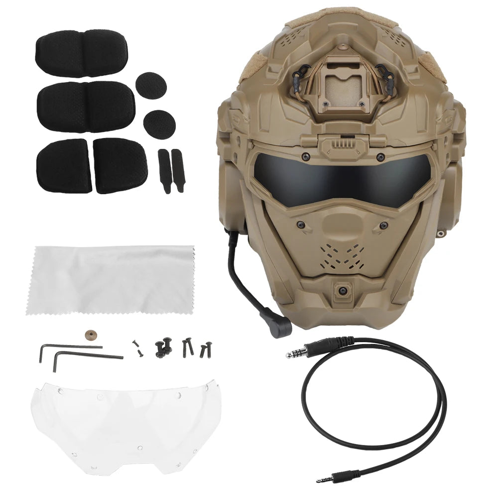 Military-Outdoors full face protective helmet with accessories including padding and visor for enhanced safety