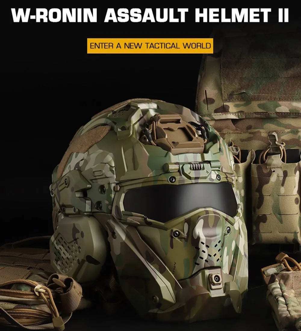 W-Ronin Assault Helmet II in camouflage design, a full face protective helmet for tactical use