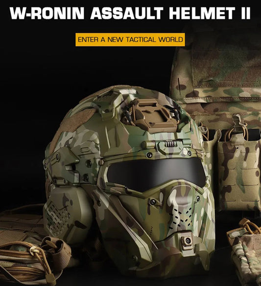 W-Ronin Assault Helmet II in camouflage design, a full face protective helmet for tactical use