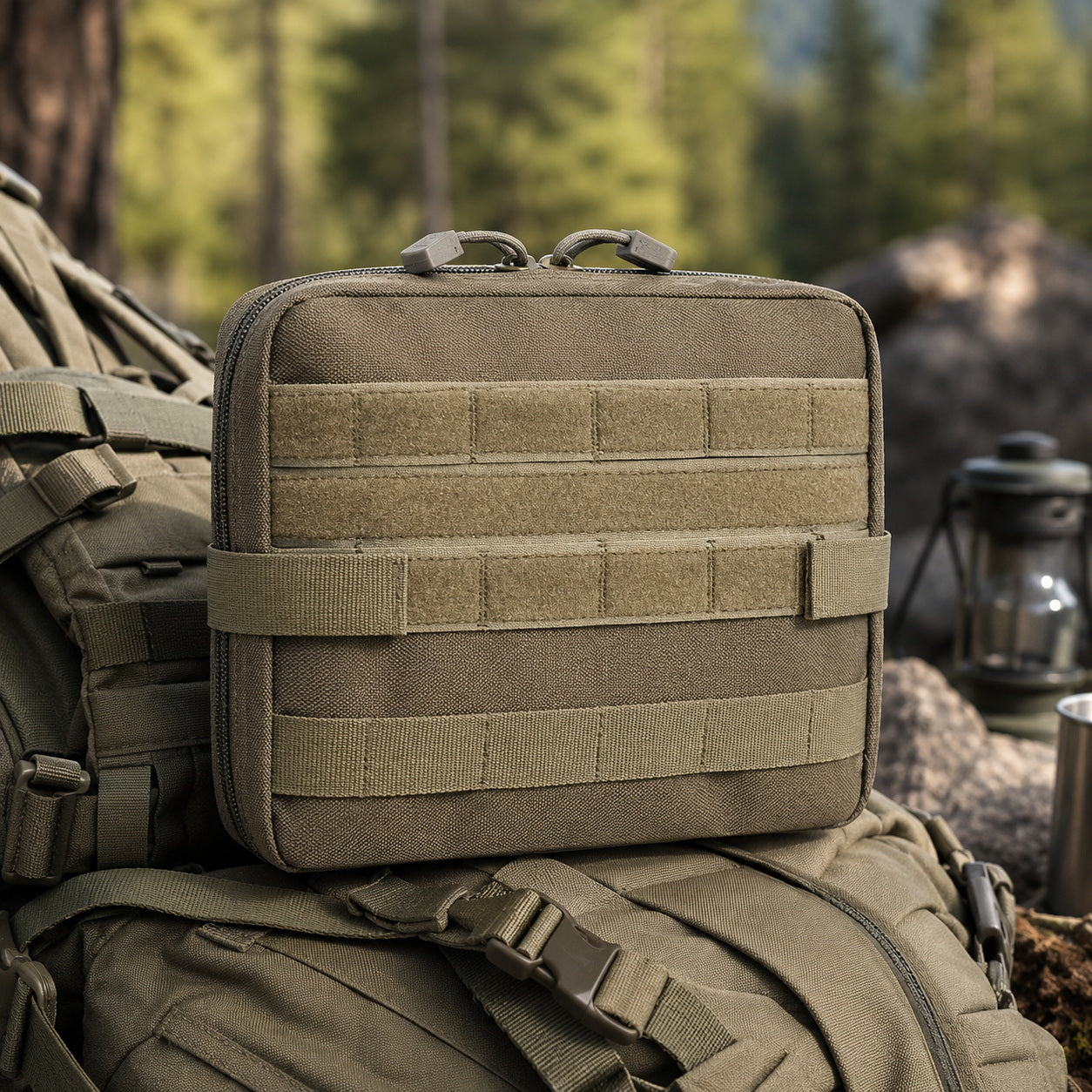Compact MOLLE outdoor tool pouch on olive camping gear for outdoor tool organization