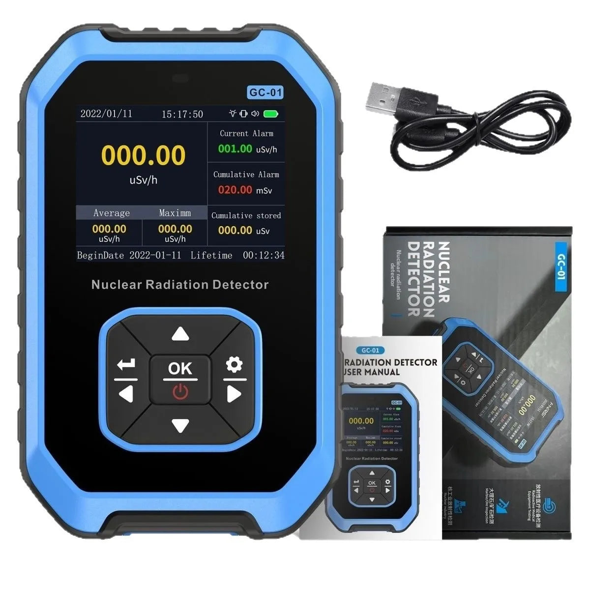 Blue and black QC-01 Nuclear Radiation Detector shown with its USB charging cable, user manual, and retail packaging box on a white background.