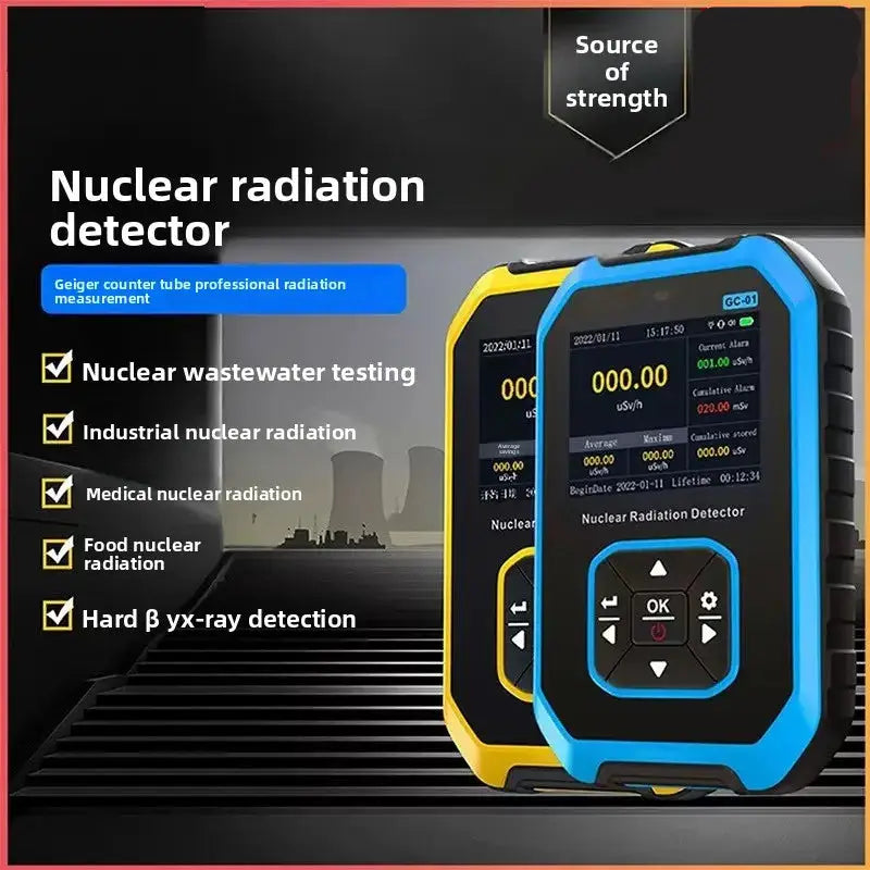 A rugged nuclear radiation detector shown in a promotional graphic. The device has a bright blue front bezel and a yellow side frame, with a black screen displaying readings.