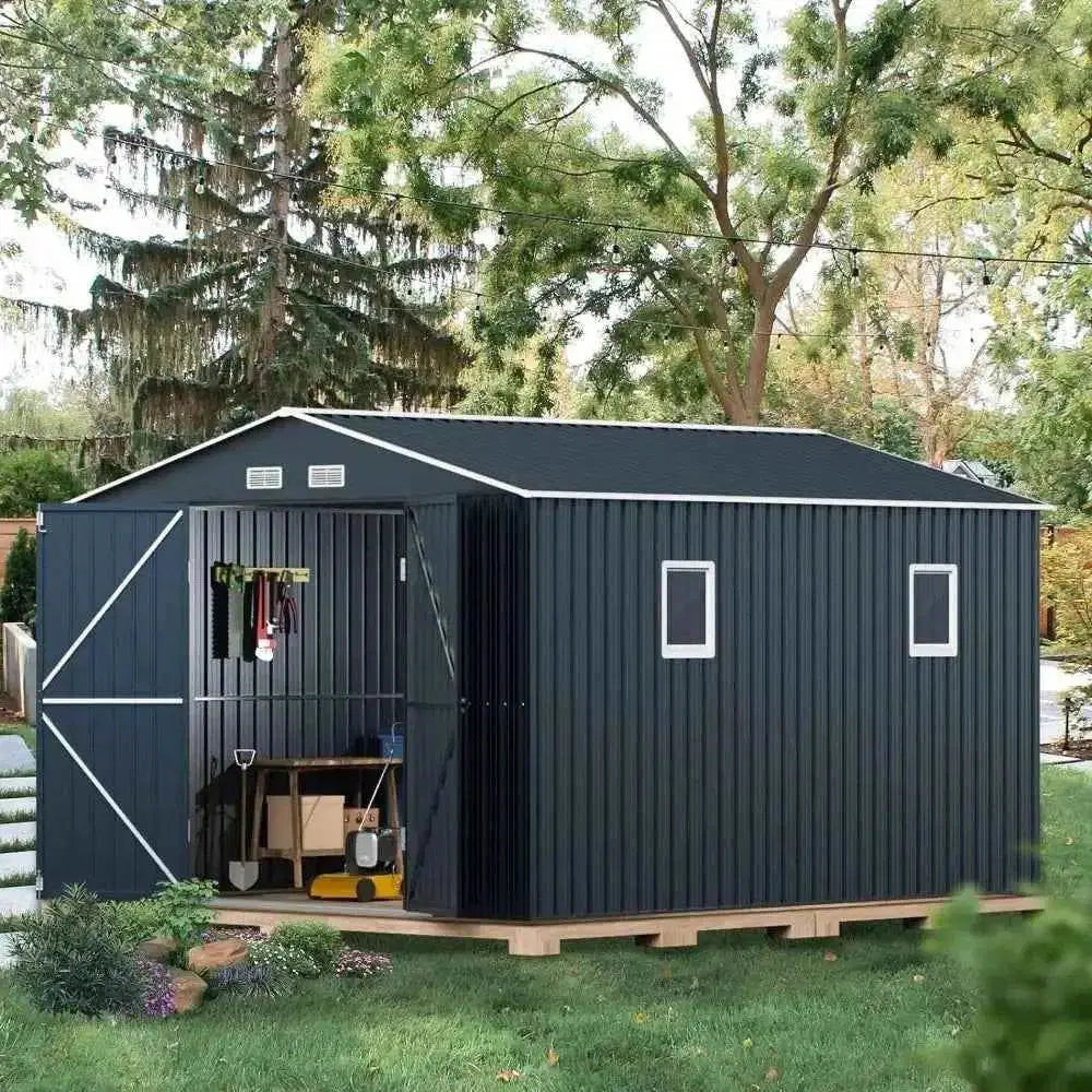 Steel outdoor storage shed with double doors and windows in a backyard setting