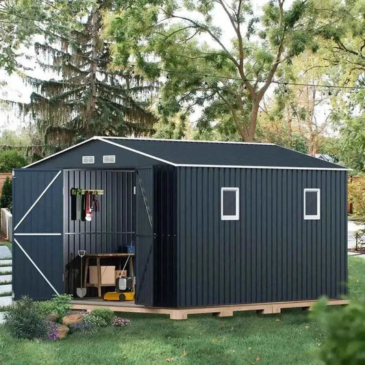 Steel outdoor storage shed with double doors and windows in a backyard setting