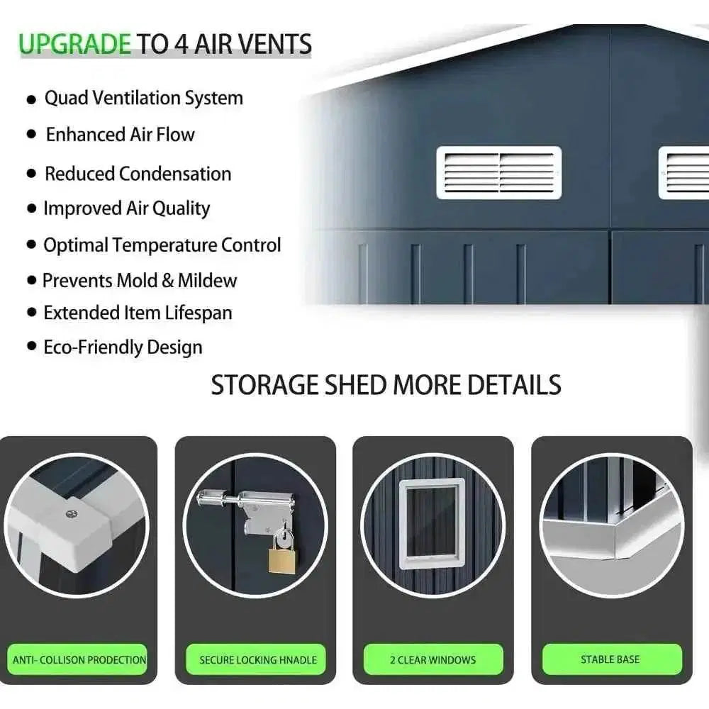 10X12X7.5 FT Steel Outdoor Storage Shed with vents - Military-Outdoors.com